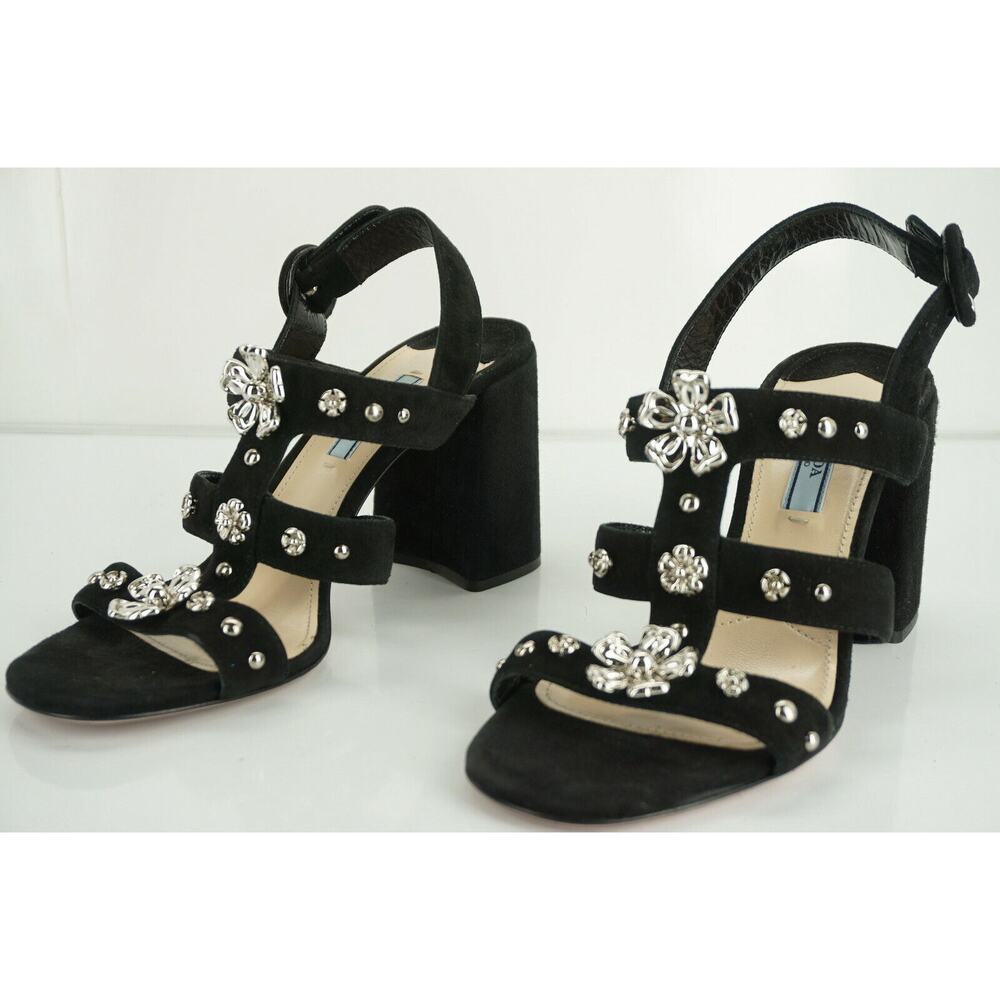 Prada Black Suede Silver Flower Studded Caged Strappy Sandals
